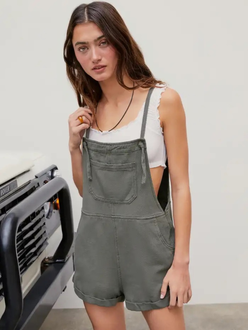 Cider Olive Green Denim Pocket Ultra Short Overalls Romper - Size M